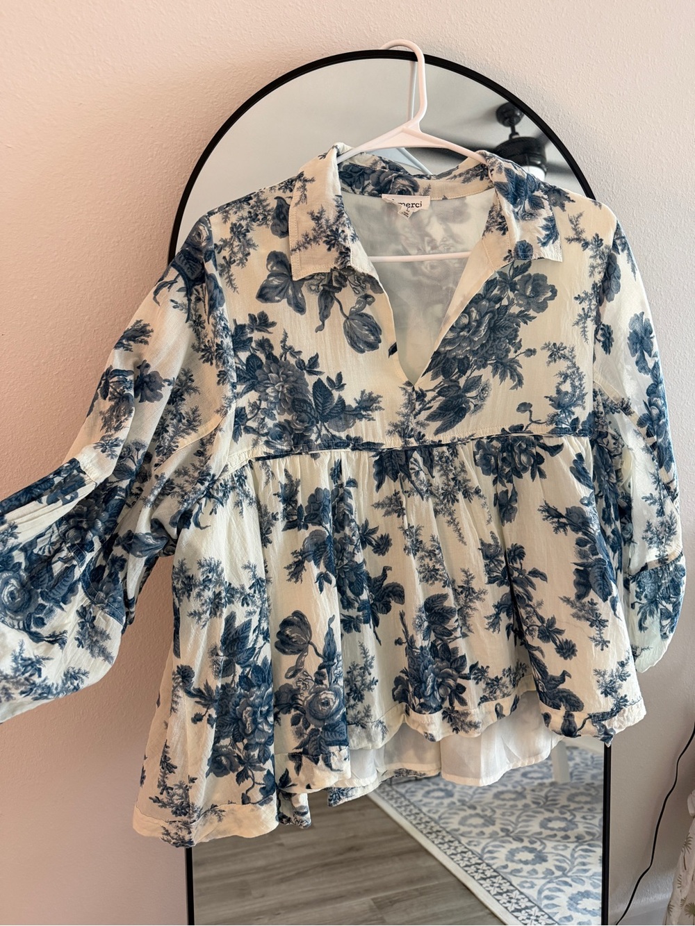 Blue Floral Peplum Blouse with Collar